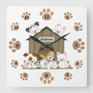 Personalised Cute Puppy Dog Baby Nursery Kids Room Square Wall Clock
