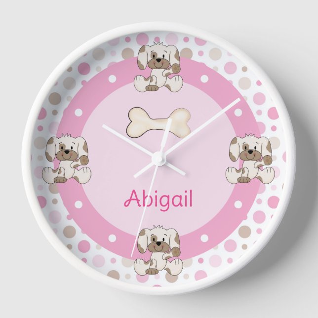 Personalised Cute Puppy Dog Pink Polk Dot Clock (Front)