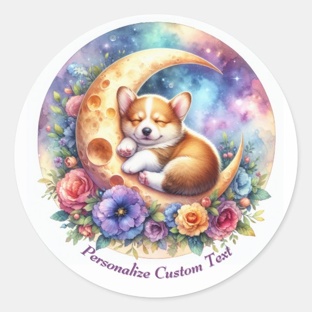 Personalised Cute Puppy Dog Sleeping on Half Moon Classic Round Sticker (Front)