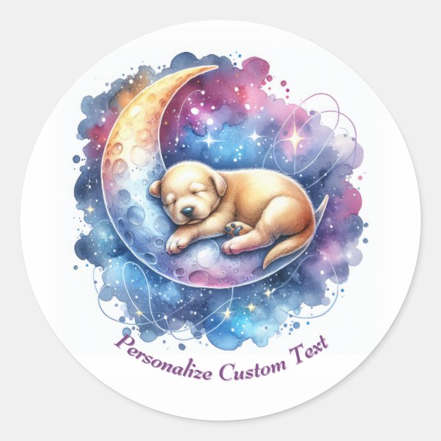 Personalised Cute Puppy Dog Sleeping on Half Moon Classic Round Sticker (Front)