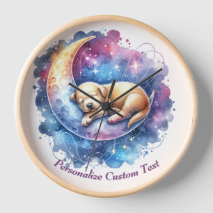 Personalised Cute Puppy Dog Sleeping on Moon Clock