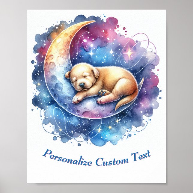 Personalised Cute Puppy Sleeping on Moon Poster (Front)