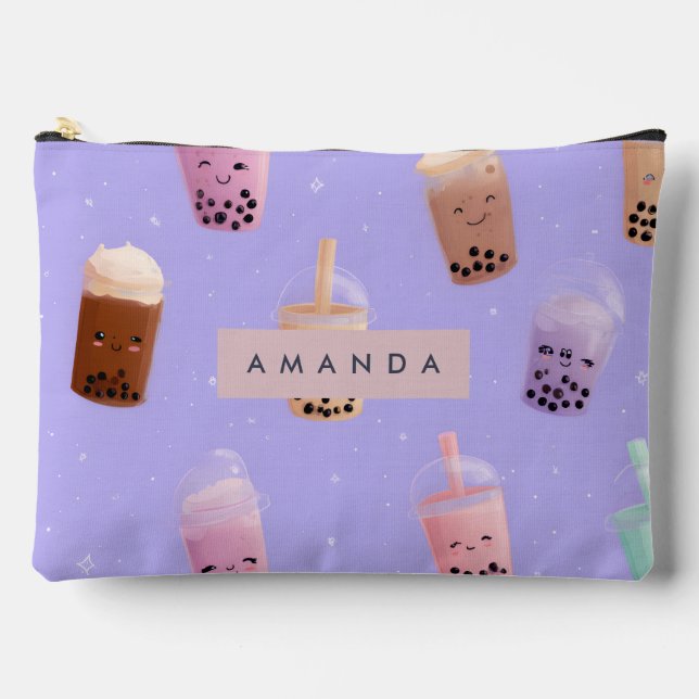 Personalised Cute Purple Pastel Bubble Tea Accessory Pouch (Front)