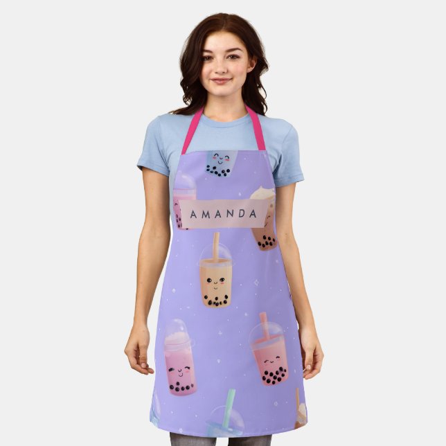 Personalised Cute Purple Pastel Bubble Tea Apron (Worn)