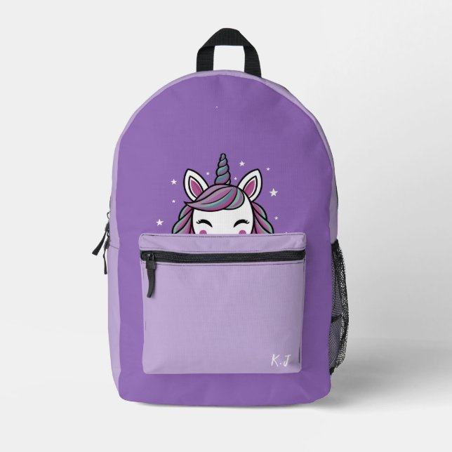 Personalised Cute purple unicorn  Printed Backpack (Front)