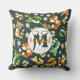 Personalised cute raccoons and forest nursery blue cushion