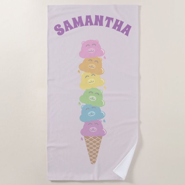 Personalised Cute Rainbow Bear Ice Cream Cone Beach Towel (Front)