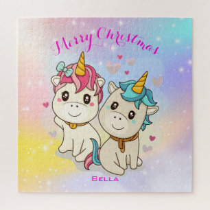 Personalised Cute Rainbow Unicorn Cartoon Couple Jigsaw Puzzle