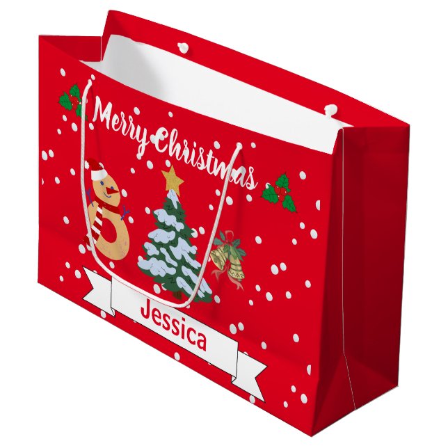Personalised Cute Red Merry Christmas Jingle Bell  Large Gift Bag (Front Angled)