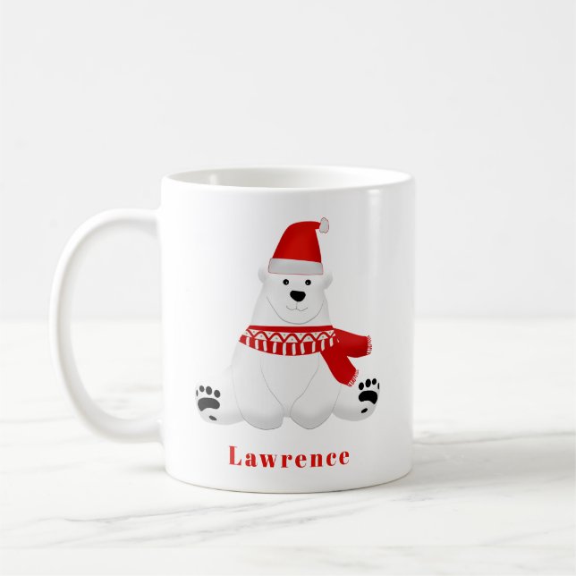 Personalised Cute Red Polar Bear Holiday Christmas Coffee Mug (Left)
