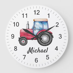 Personalised Cute Red Tractor Farm Watercolor Kids Large Clock