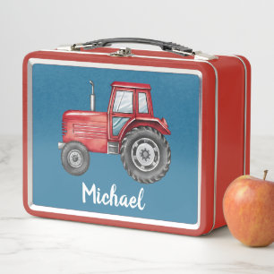 Personalised Cute Red Tractor Farm Watercolor Kids Metal Lunch Box