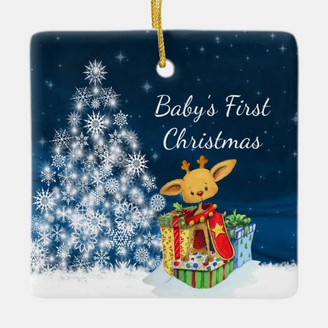 Personalised Cute Reindeer Baby's First Christmas Ceramic Ornament (Front)