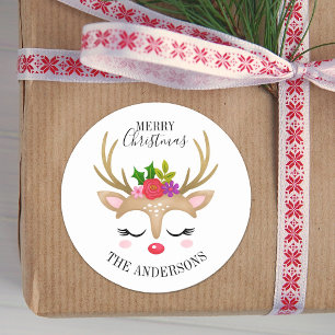 Personalised Cute Reindeer Christmas Classic Round Sticker