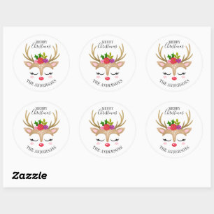 Personalised Cute Reindeer Christmas Classic Round Sticker