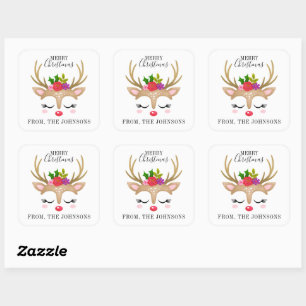 Personalised Cute Reindeer Christmas Square Sticker