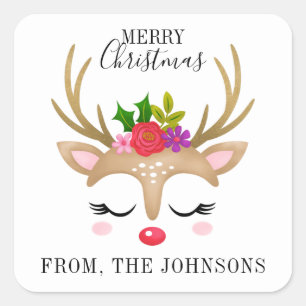 Personalised Cute Reindeer Christmas Square Sticker