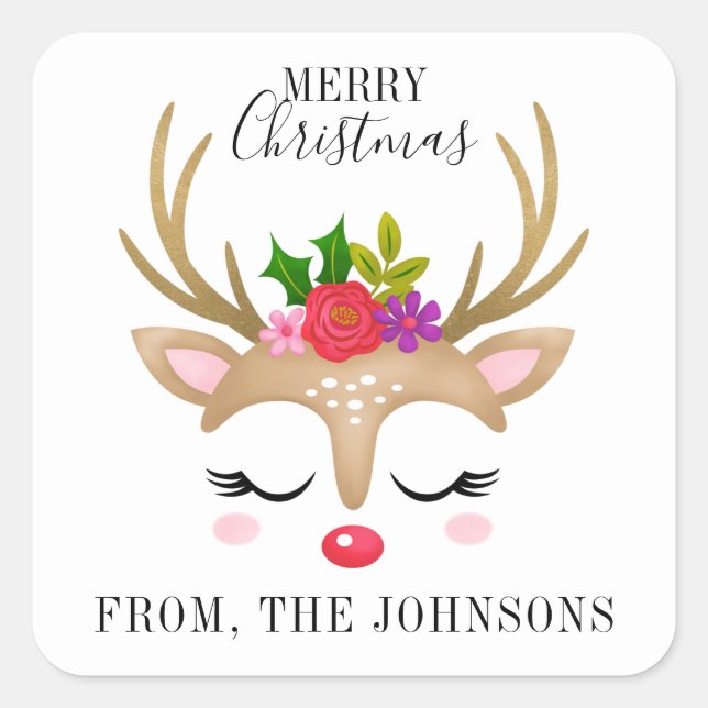 Personalised Cute Reindeer Christmas Square Sticker (Front)