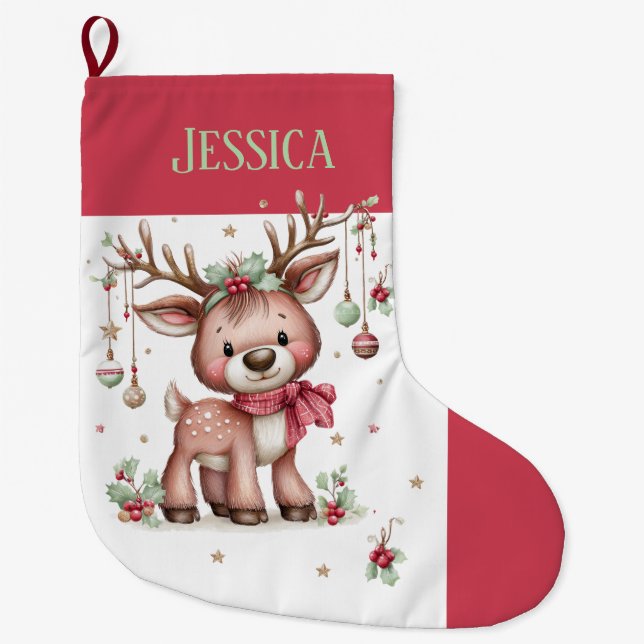 Personalised  Cute Reindeer  Large Christmas Stocking (Front)