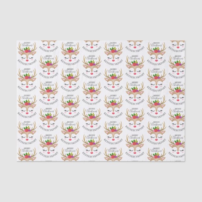 Personalised Cute Reindeer Merry Christmas Tissue Paper (Front)