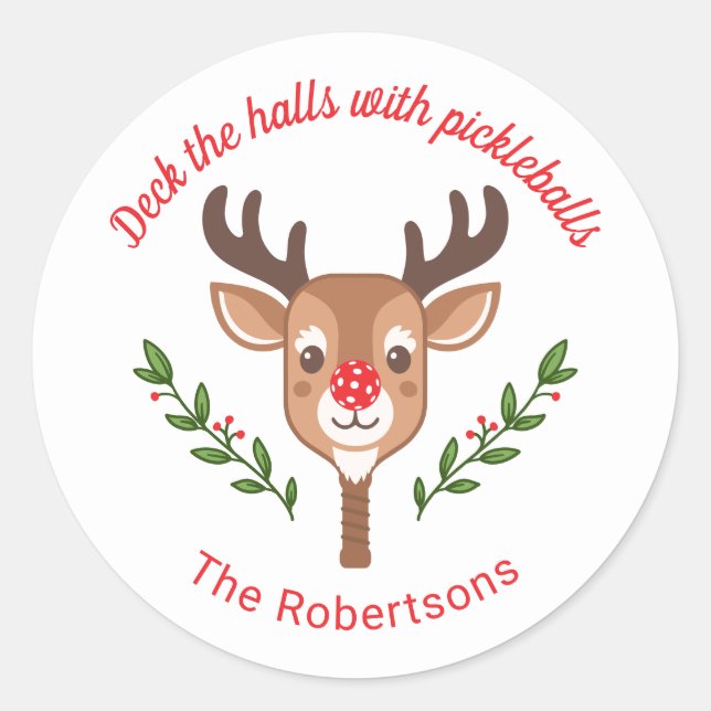Personalised Cute Reindeer Pickleball  Classic Round Sticker (Front)