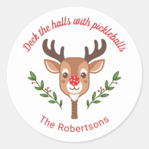 Personalised Cute Reindeer Pickleball  Classic Round Sticker