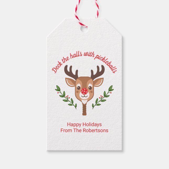 Personalised Cute Reindeer Pickleball  Gift Tags (Front)