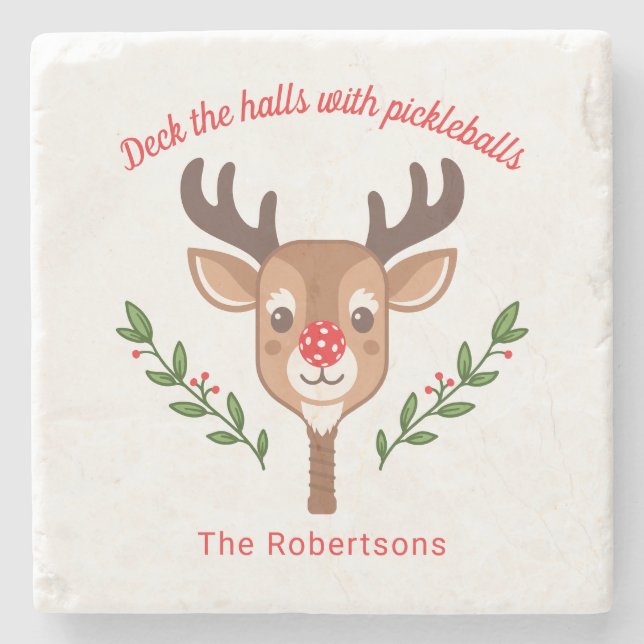 Personalised Cute Reindeer Pickleball  Stone Coaster (Front)