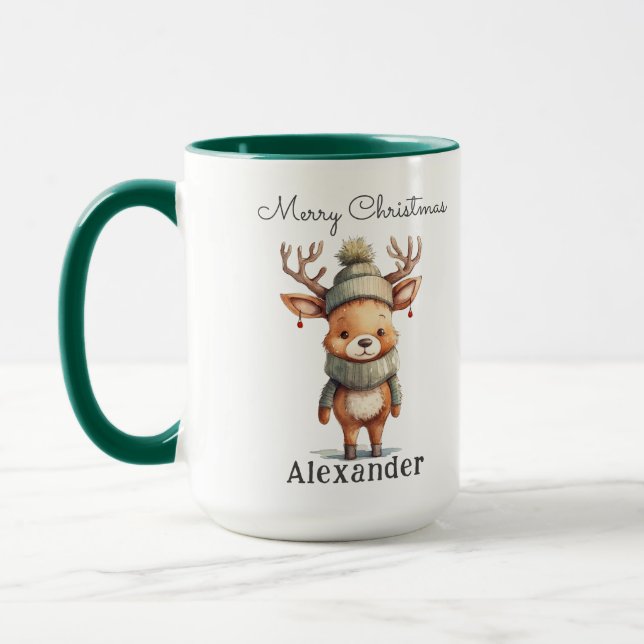 Personalised Cute Reindeer Watercolor Christmas  Mug (Left)