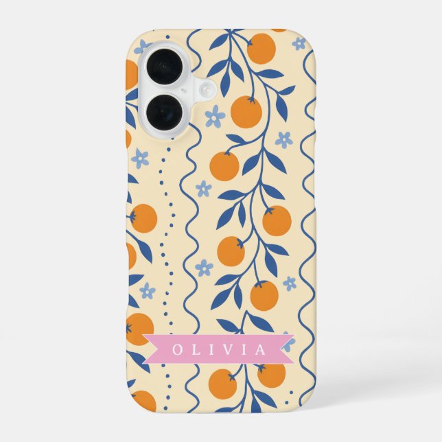 Personalised cute retro citrus folk pattern iPhone 16 case (Back)