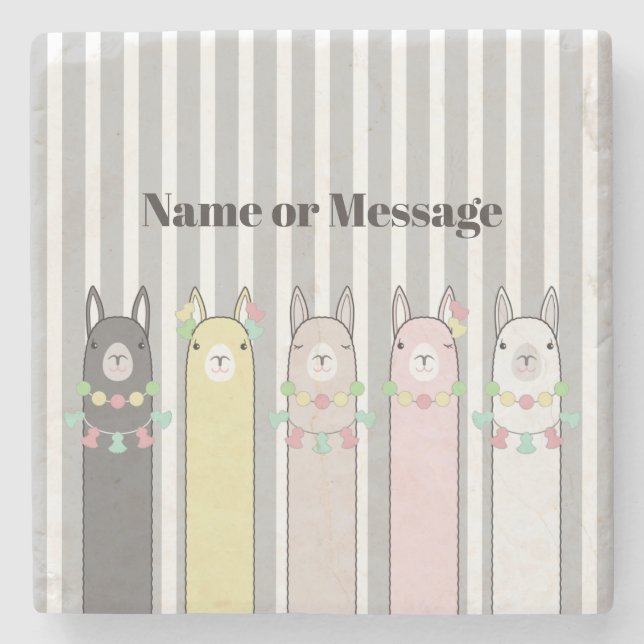 Personalised Cute Retro Colourful Llamas Girl Stone Coaster (Front)