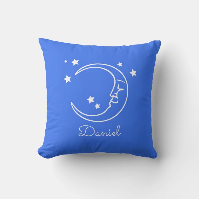 Personalised Cute Royal Blue Moon Stars Nursery Cushion (Front)