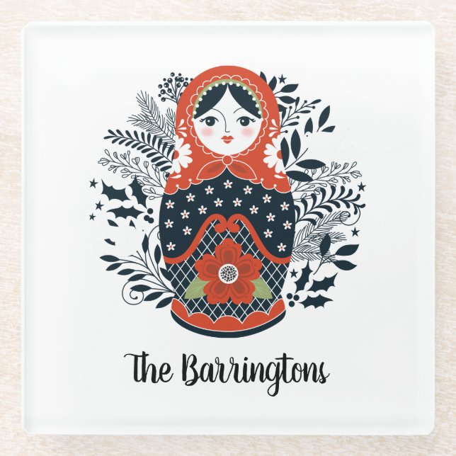 Personalised Cute Russian Nesting Doll Glass Coaster (Front)