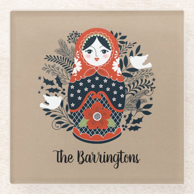 Personalised Cute Russian Nesting Doll Glass Coaster (Front)