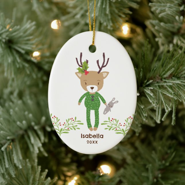 Personalised Cute Rustic Reindeer Kids Christmas  Ceramic Tree Decoration (Tree)