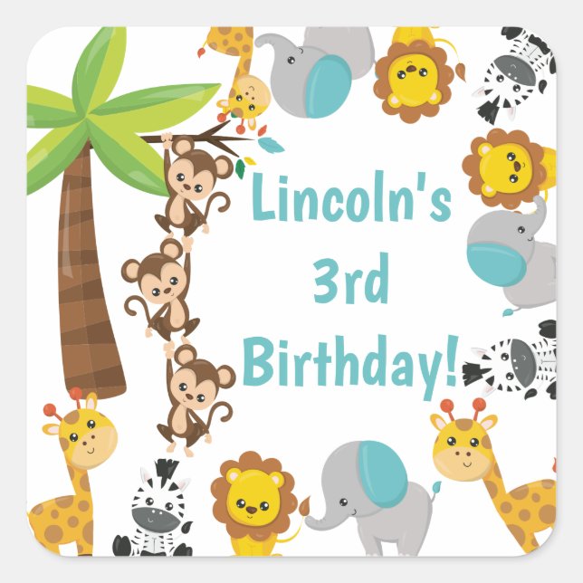 Personalised Cute Safari Animal Birthday Stickers (Front)
