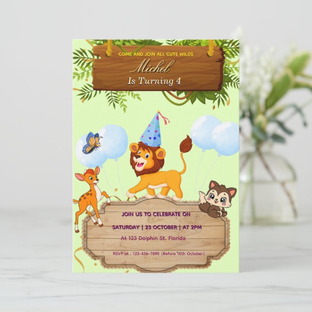Personalised Cute Safari Birthday Party Invitation (Standing Front)