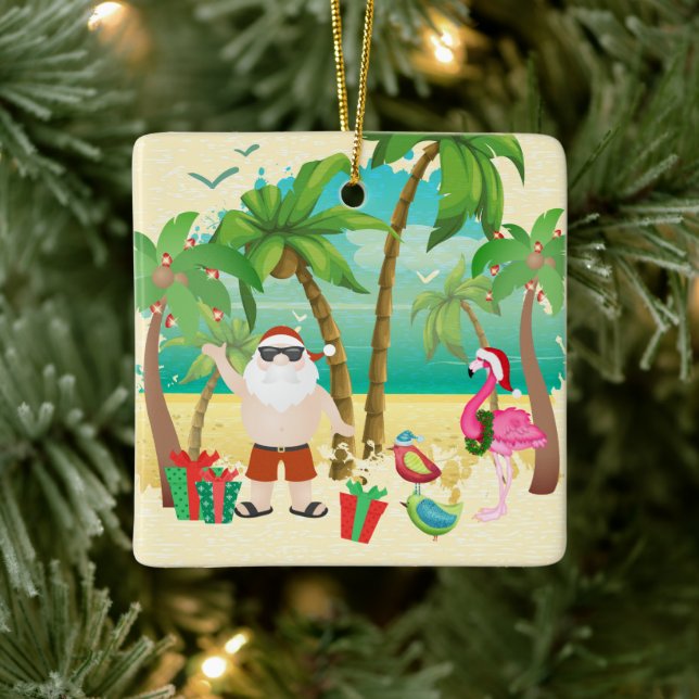 Personalised Cute Santa and Beach Birds Christmas Ceramic Ornament (Tree)