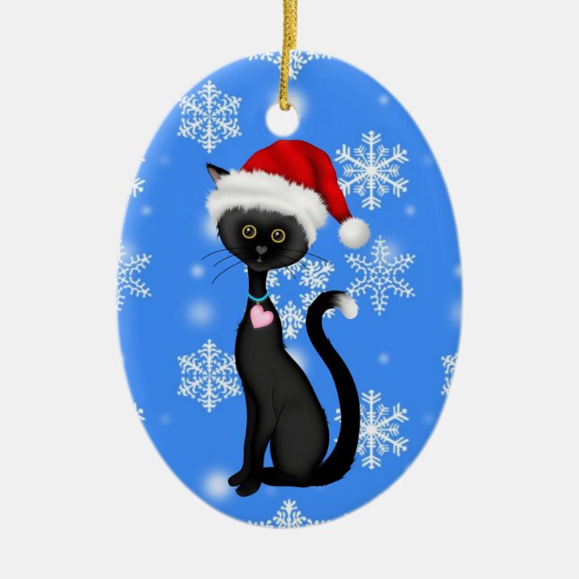 Personalised Cute Santa Cat n Snowflakes Christmas Ceramic Tree Decoration (Front)