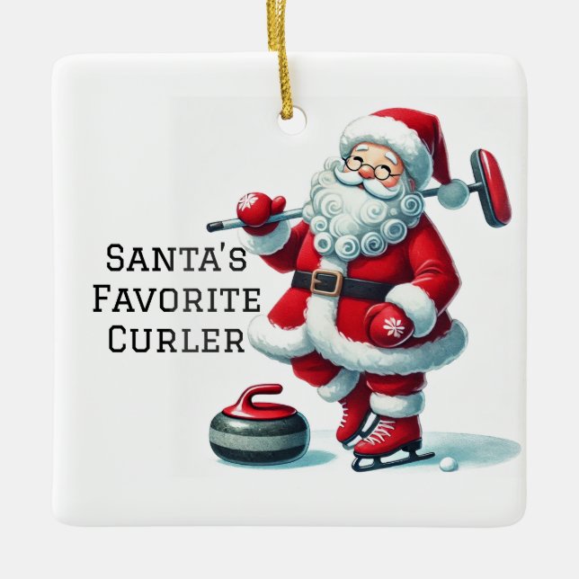 Personalised Cute Santa Curling Ceramic Ornament (Front)