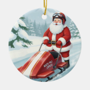 Personalised Cute Santa Doing Snowmobiling Ceramic Tree Decoration
