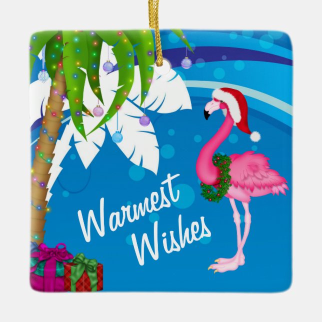 Personalised Cute Santa Flamingo Beach Christmas Ceramic Ornament (Front)