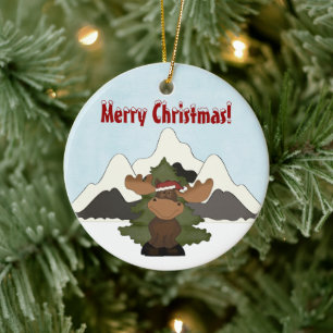 Personalised Cute Santa Moose Mountain Ornament