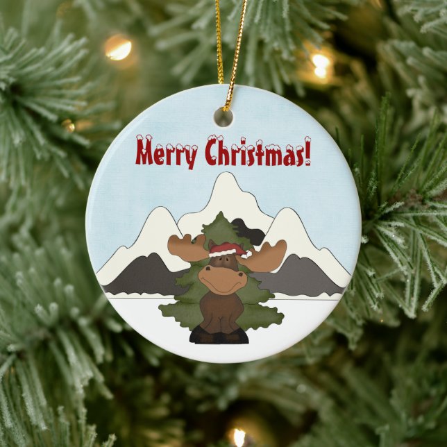 Personalised Cute Santa Moose Mountain Ornament (Tree)