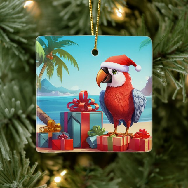 Personalised Cute Santa Parrot Beach Christmas Ceramic Ornament (Tree)