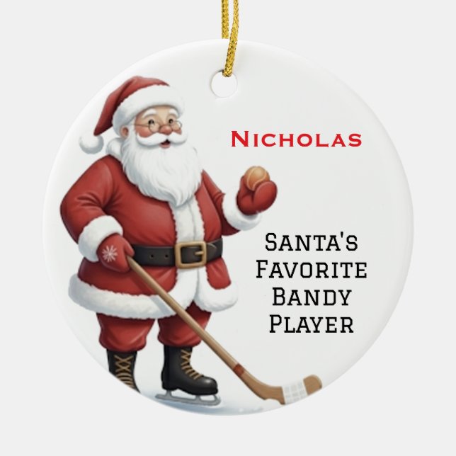 Personalised Cute Santa Playing Bandy  Ceramic Tree Decoration (Front)