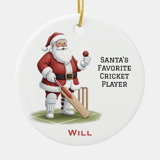 Personalised Cute Santa Playing Cricket Ceramic Tree Decoration (Front)
