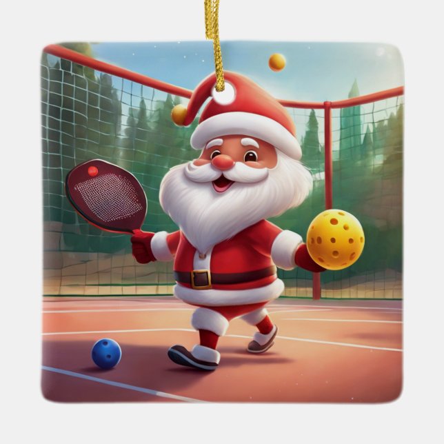 Personalised Cute Santa Playing Pickleball Ceramic Ornament (Front)