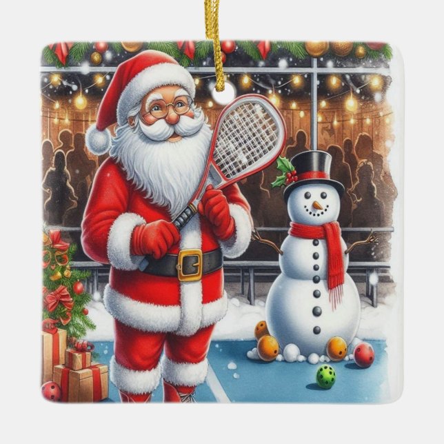 Personalised Cute Santa Playing Pickleball Ceramic Ornament (Front)