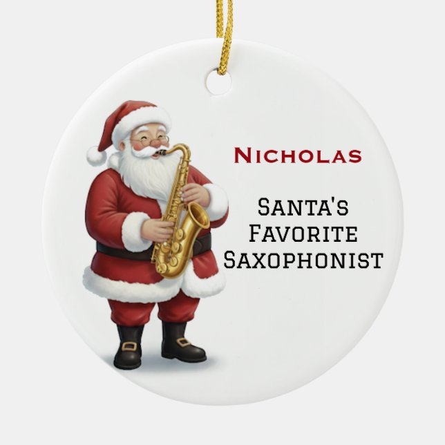Personalised Cute Santa Playing Saxophone Ceramic Tree Decoration (Front)